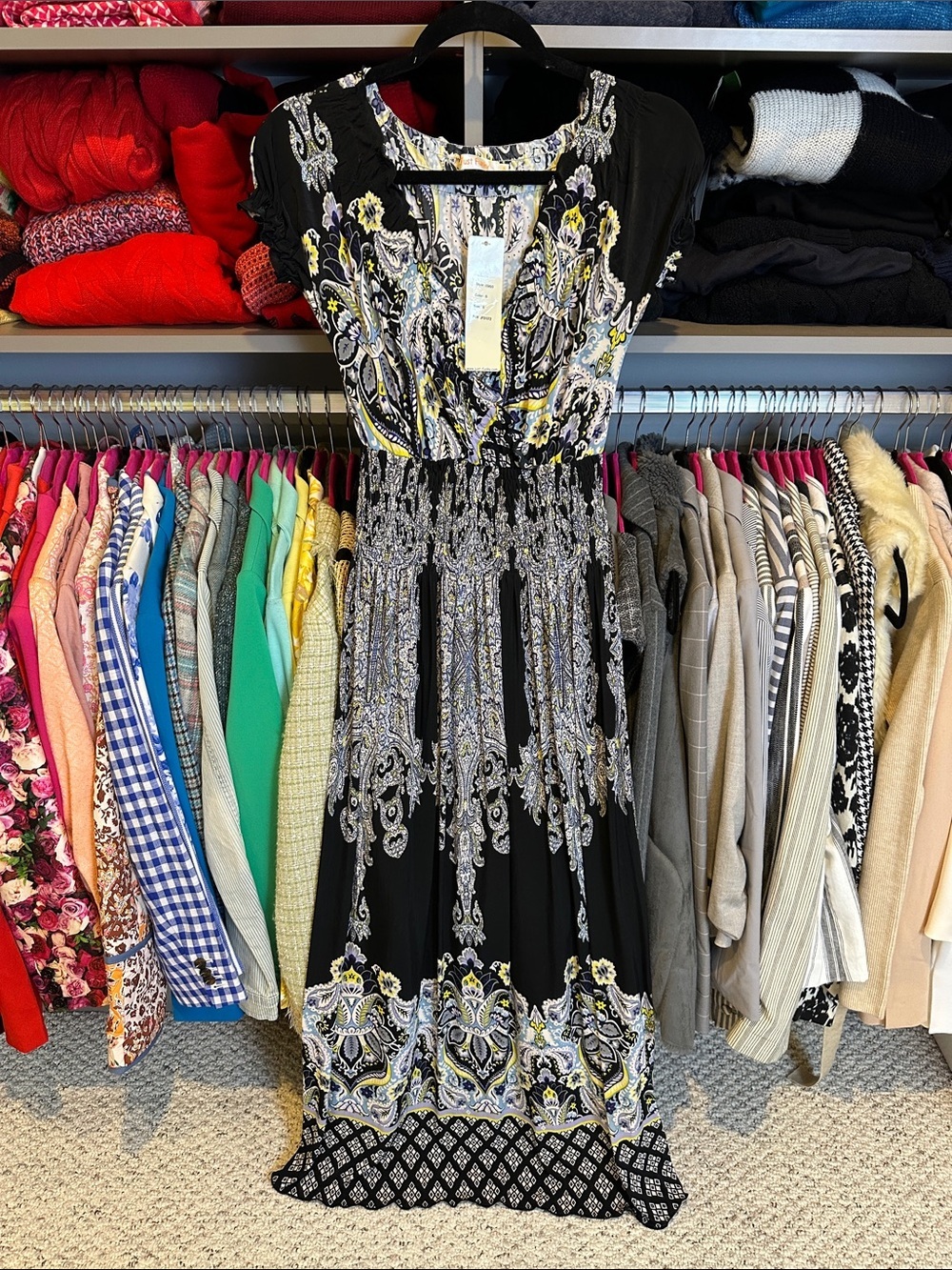 Just Funky black/white/yellow/blue print v neck cap sleeve maxi dress size S NWT